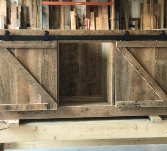 reclaimed wood media cabinet with z pattern barn doors