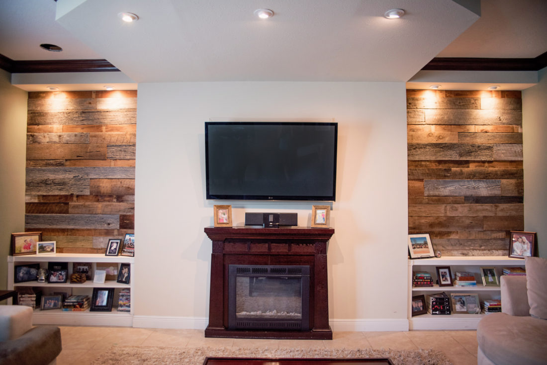 Orlando living room reclaimed wood walls