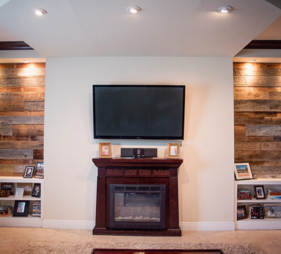 Orlando living room reclaimed wood walls