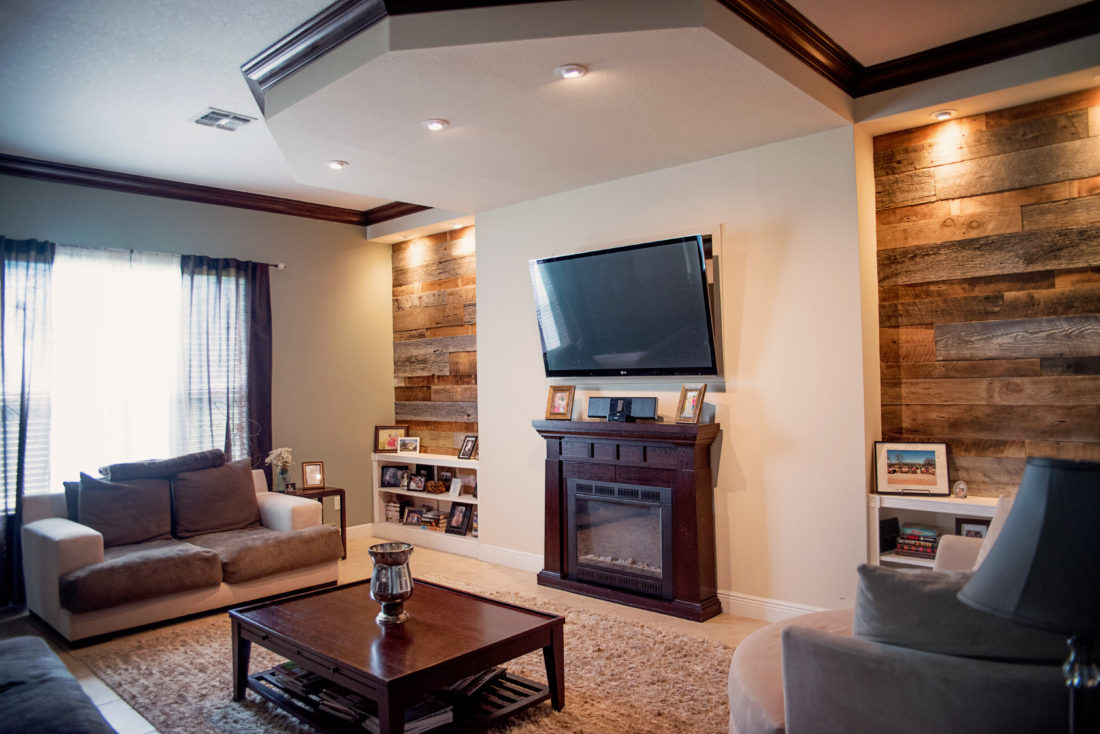 Orlando living room reclaimed wood walls