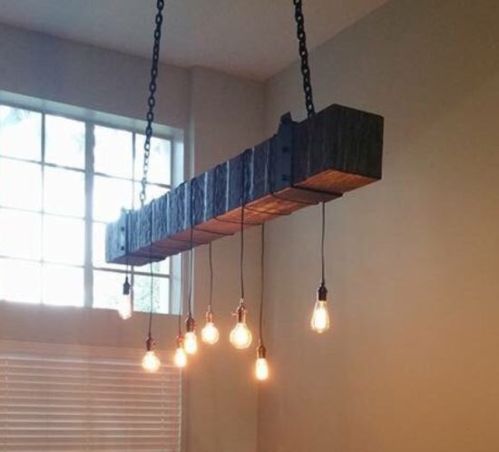 reclaimed wood beam chandelier with vintage lights