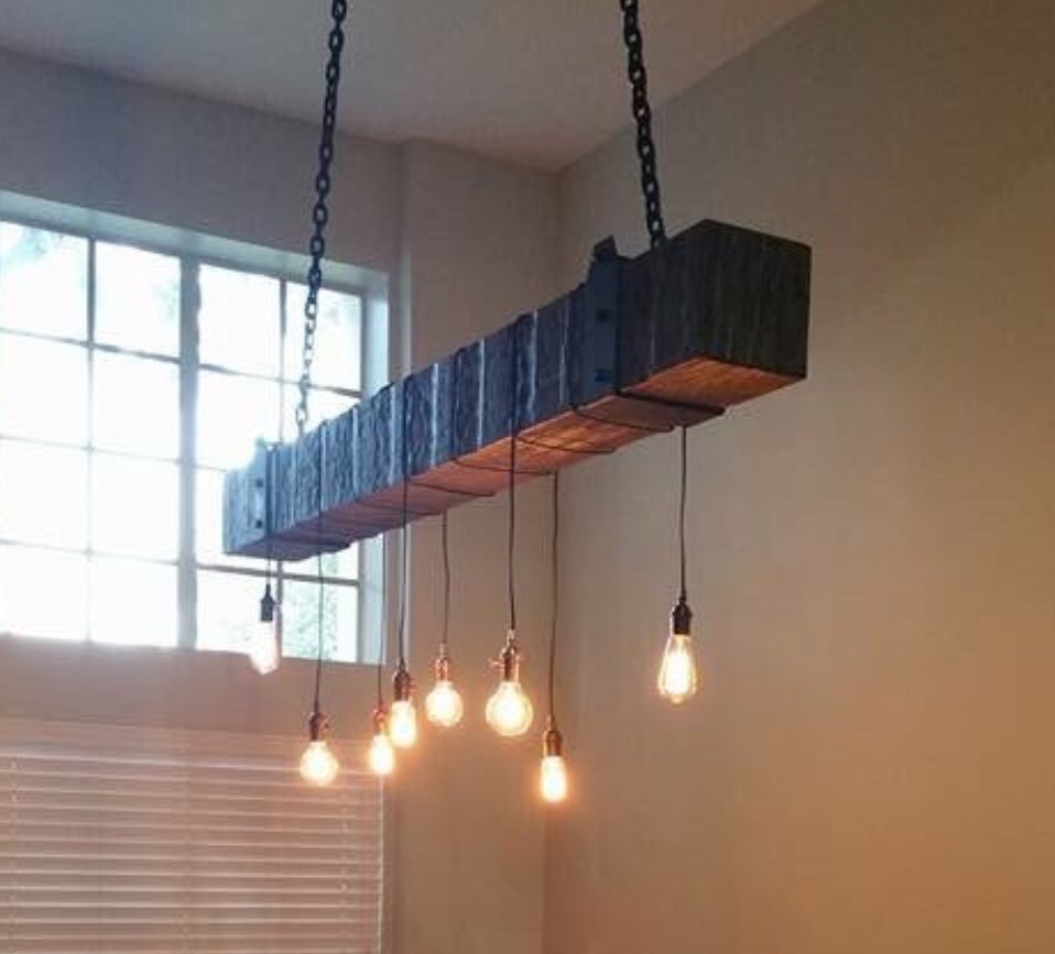 reclaimed wood beam chandelier with vintage lights