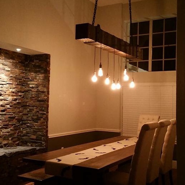 reclaimed wood beam chandelier with vintage lights