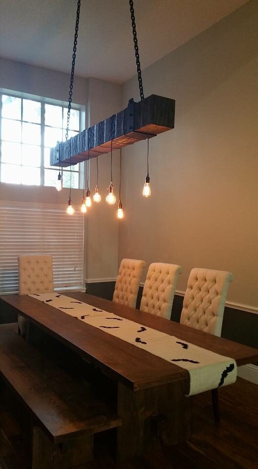 reclaimed wood beam chandelier with vintage lights