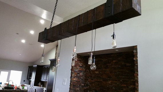 reclaimed wood beam chandelier with vintage lights