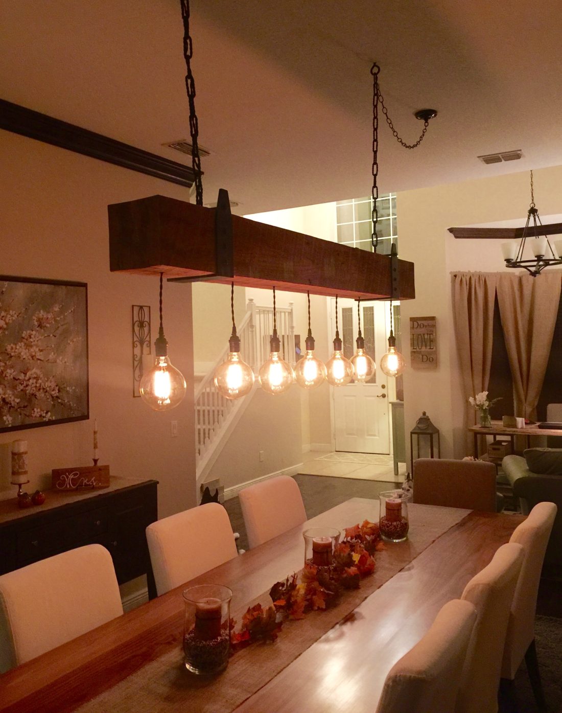 Barn wood chandelier with vintage bulbs