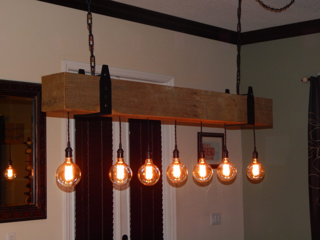 Barn wood chandelier with vintage bulbs