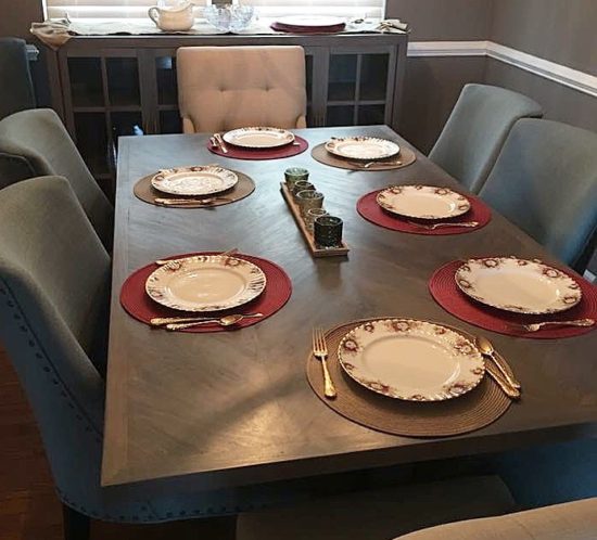 grey dining table with matching server