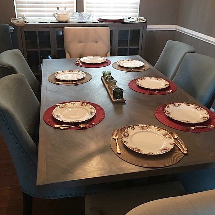 grey dining table with matching server