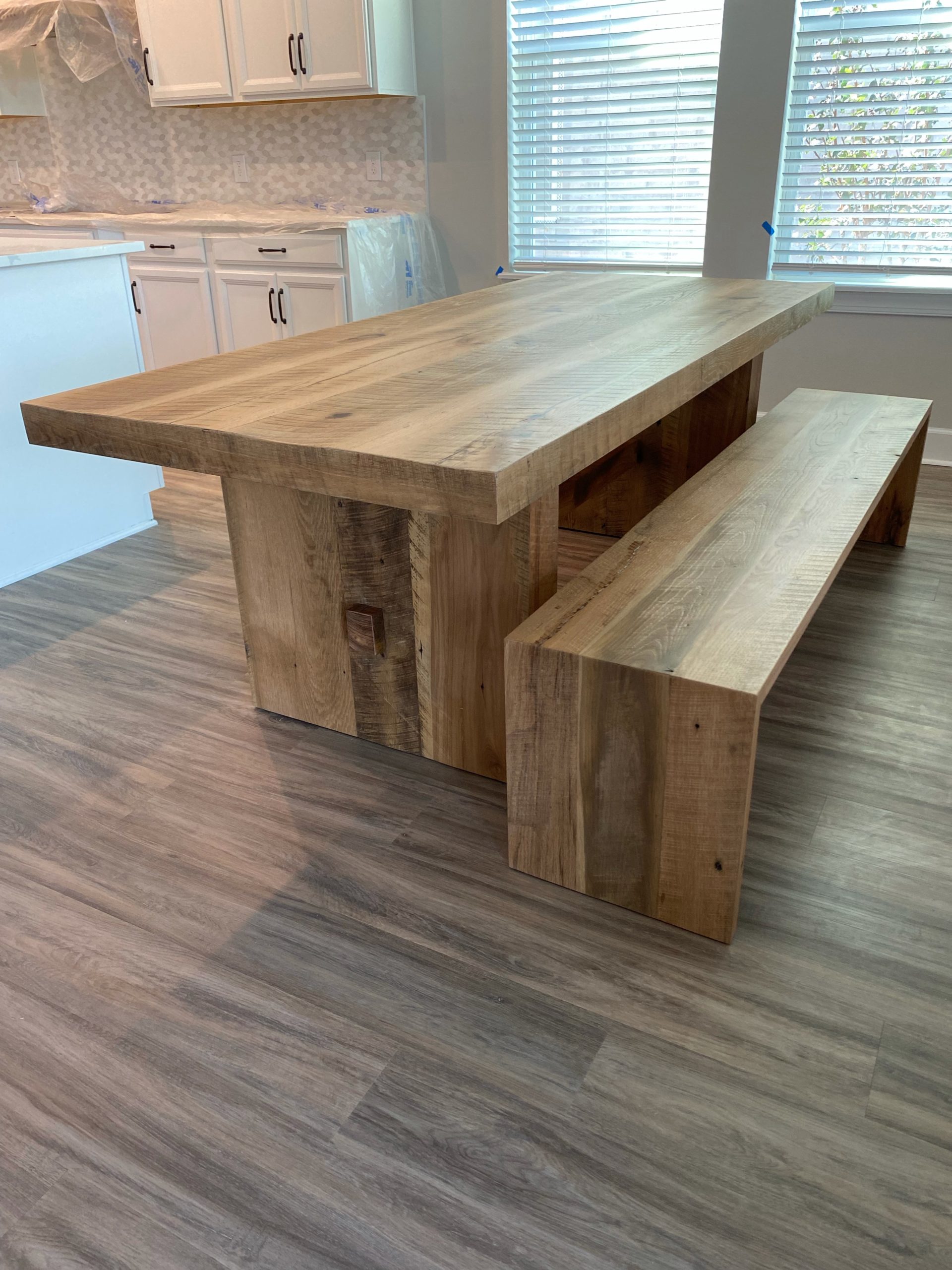 Reclaimed Wood Dining Table + Bench with Faux Trestle Legs | Fama Creations